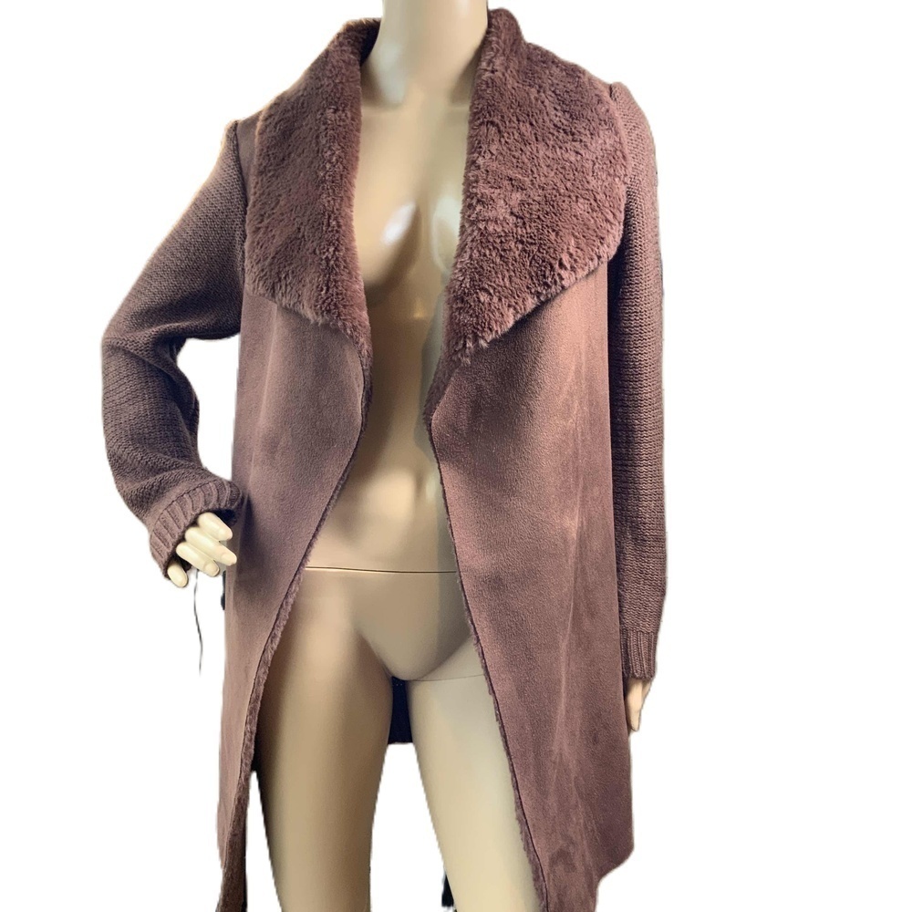 Twelfth Love Cumin Faux Fur Trim Faux Suede Open Front Sweater Back Coat Size Sm